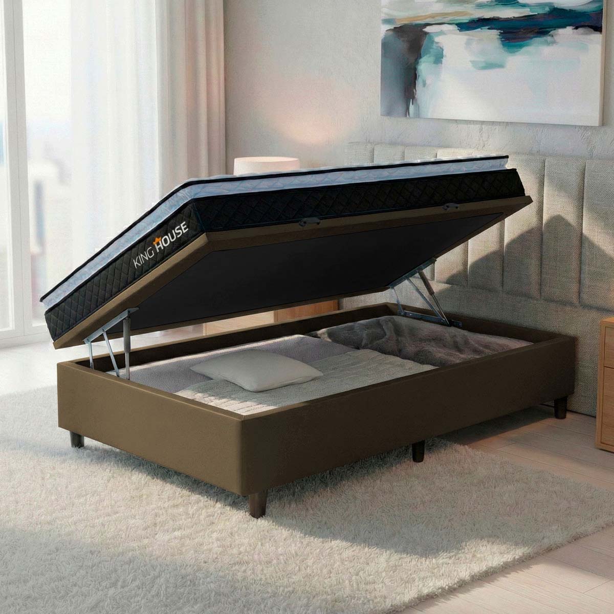 Cama Box Baú Solteirão 96x203 Preto e Marrom Dakota Espuma D33