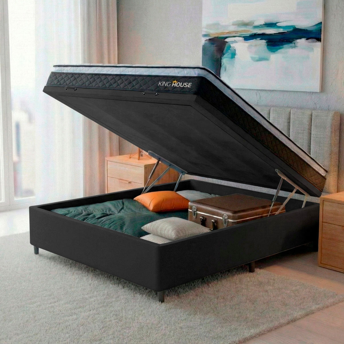 Cama Box Baú Casal 138x188 Preto Dakota Espuma D33