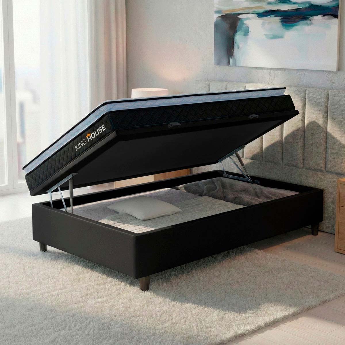 Cama Box Baú Solteiro 88x188 Preto Dakota Espuma D33