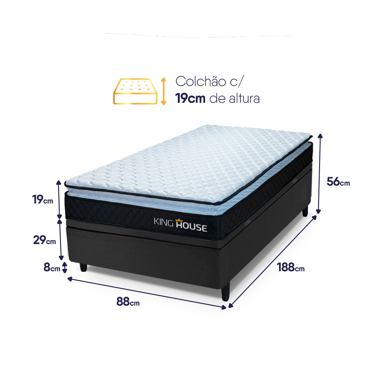 Cama Box Baú Solteiro 88x188 Preto Dakota Espuma D33