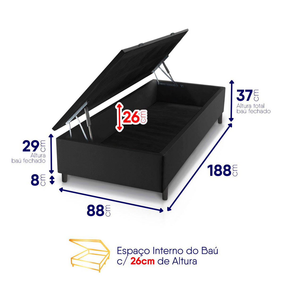 Cama Box Baú Solteiro 88x188 Preto Dakota Espuma D33