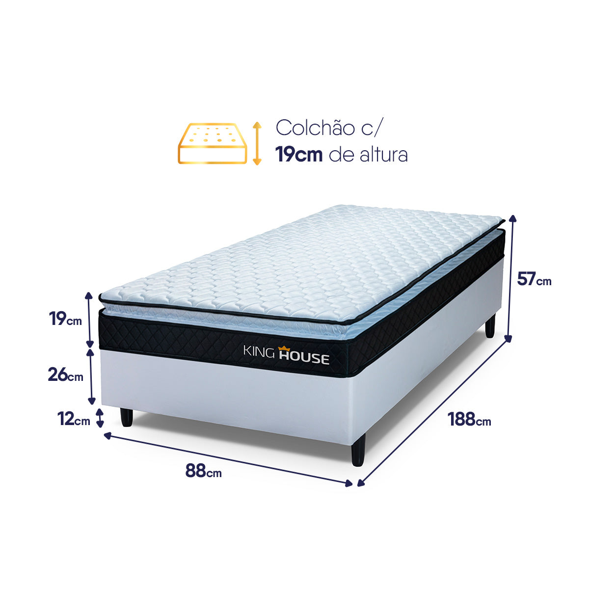 Cama Box Solteiro 88x188 Branco Dakota Espuma D33