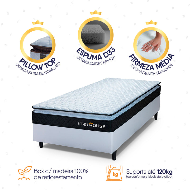 Cama Box Solteiro 88x188 Branco Dakota Espuma D33