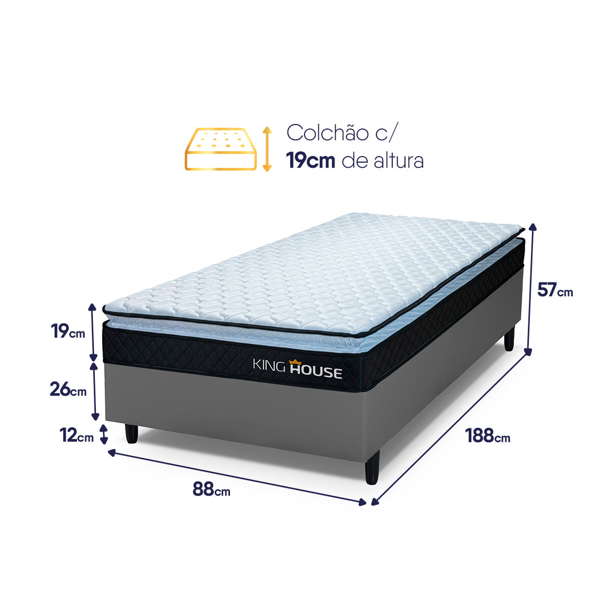 Cama Box Solteiro 88x188 Cinza Dakota Espuma D33