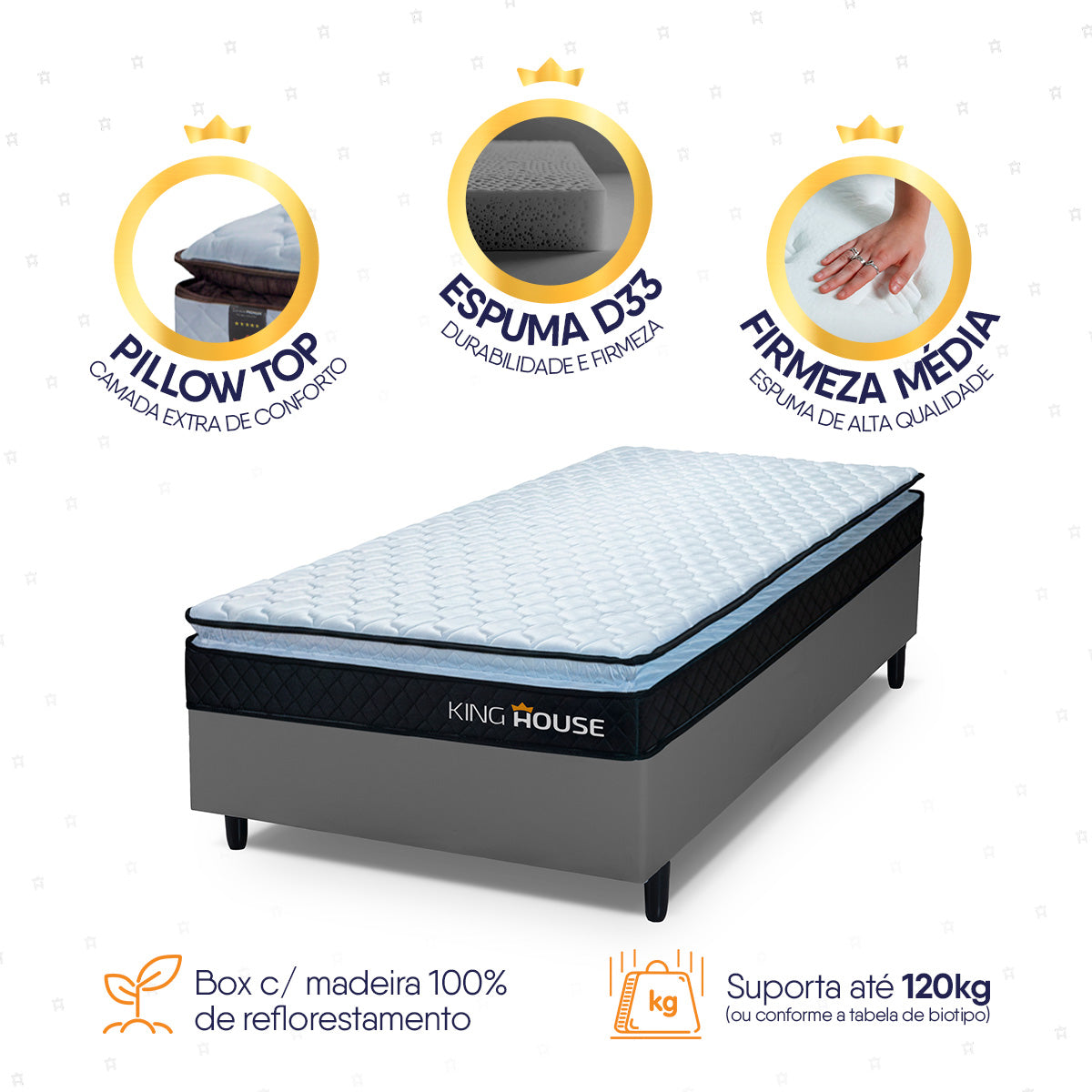 Cama Box Solteiro 88x188 Cinza Dakota Espuma D33