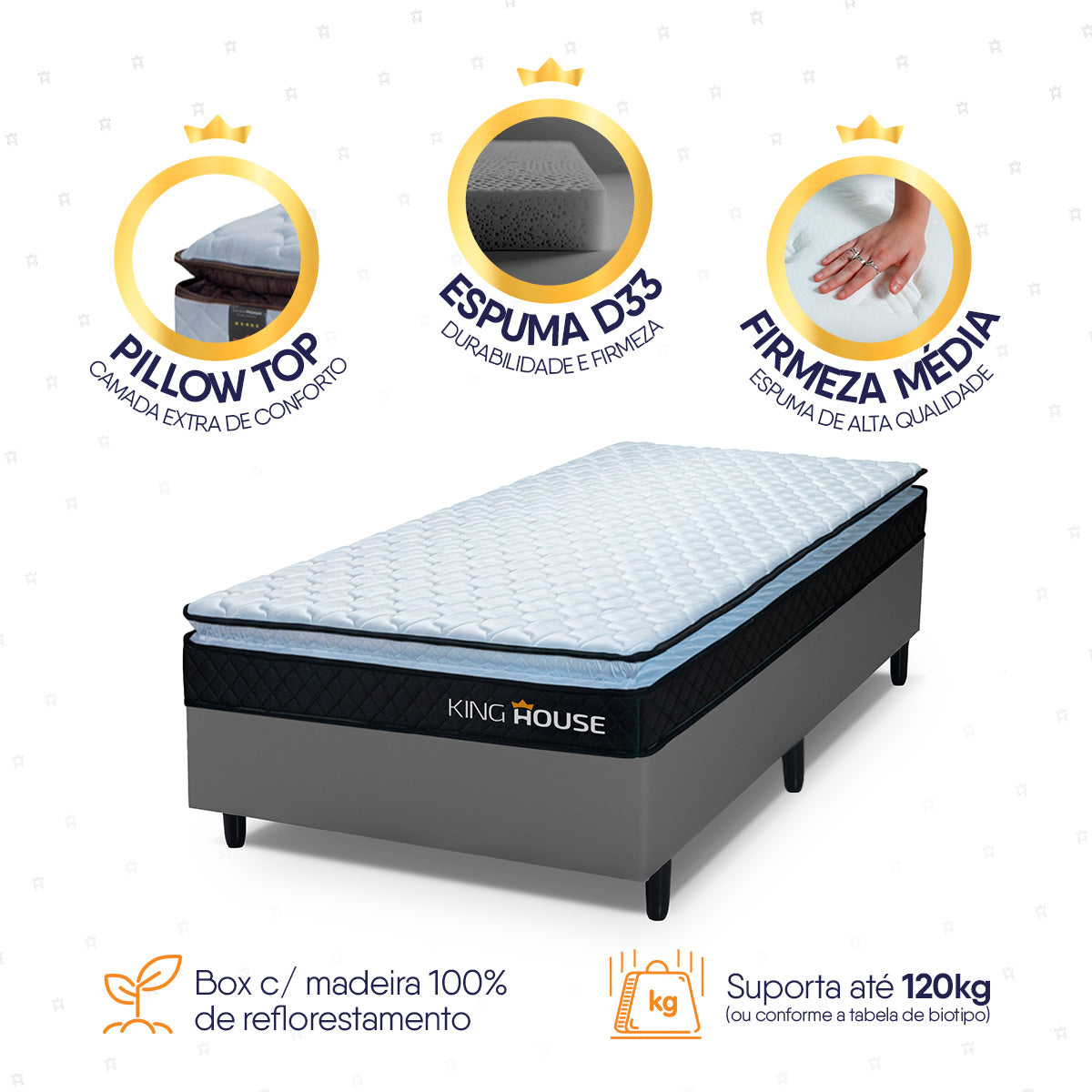 Cama Box Solteirão 96x203 Cinza Dakota Espuma D33