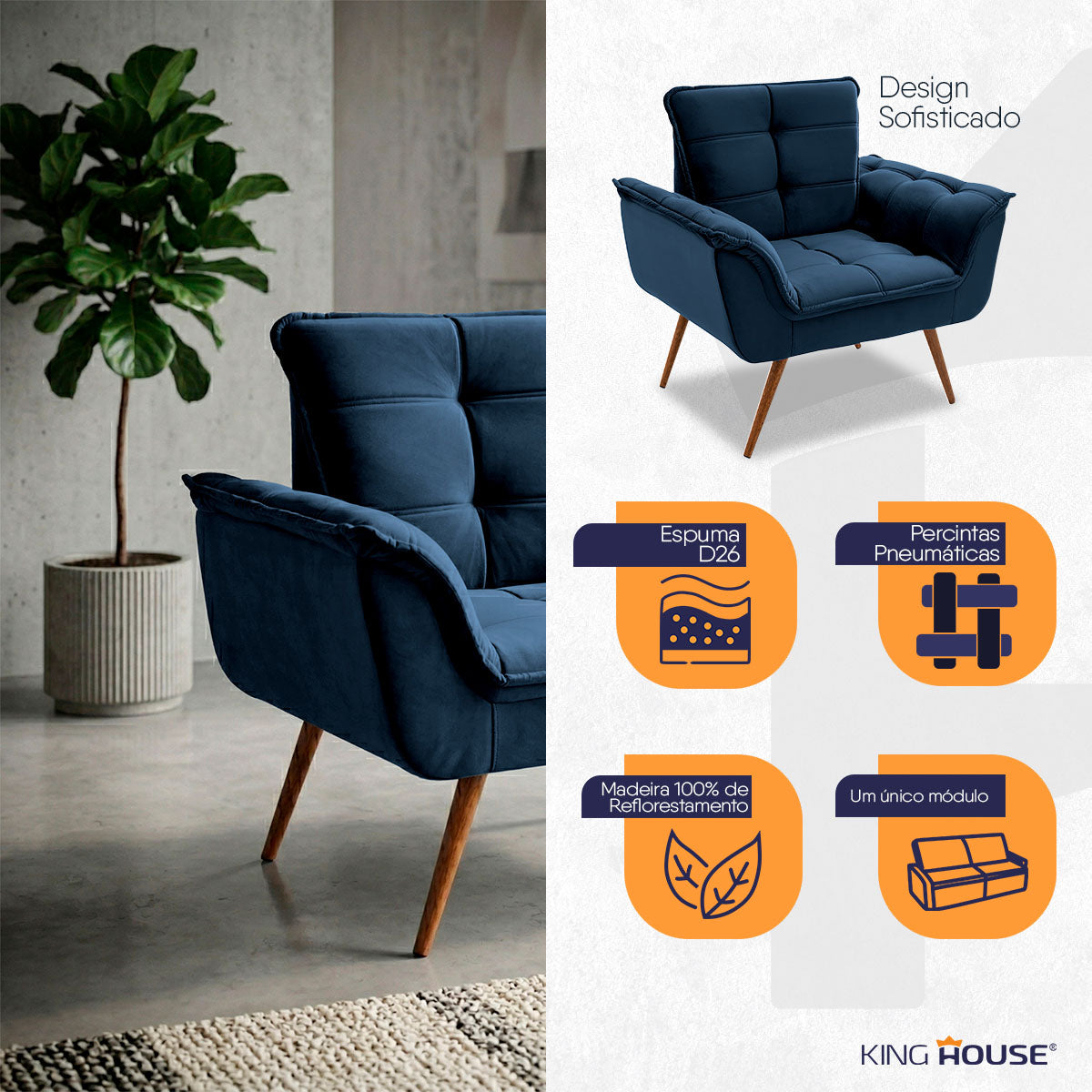 Poltrona Decorativa Duala Azul Pés Palito