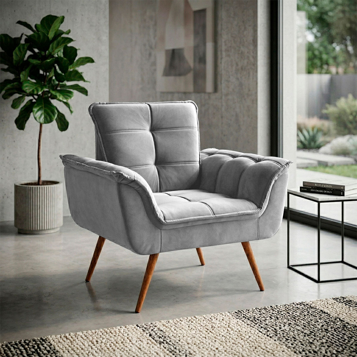 Poltrona Decorativa Duala Cinza Pés Palito