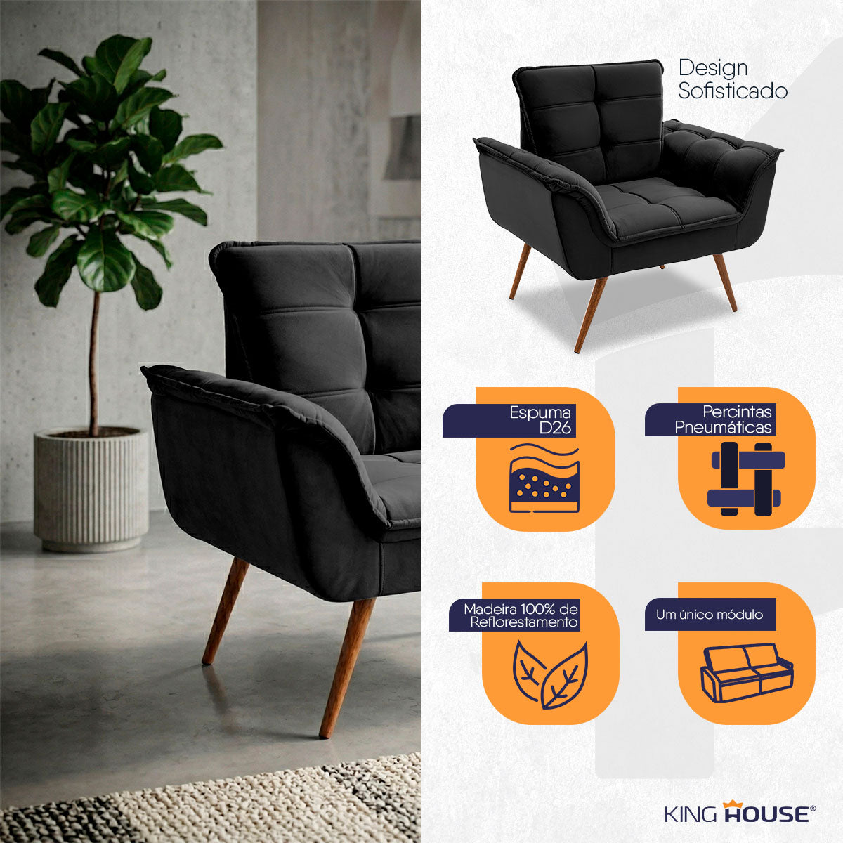 Poltrona Decorativa Duala Preto Pés Palito