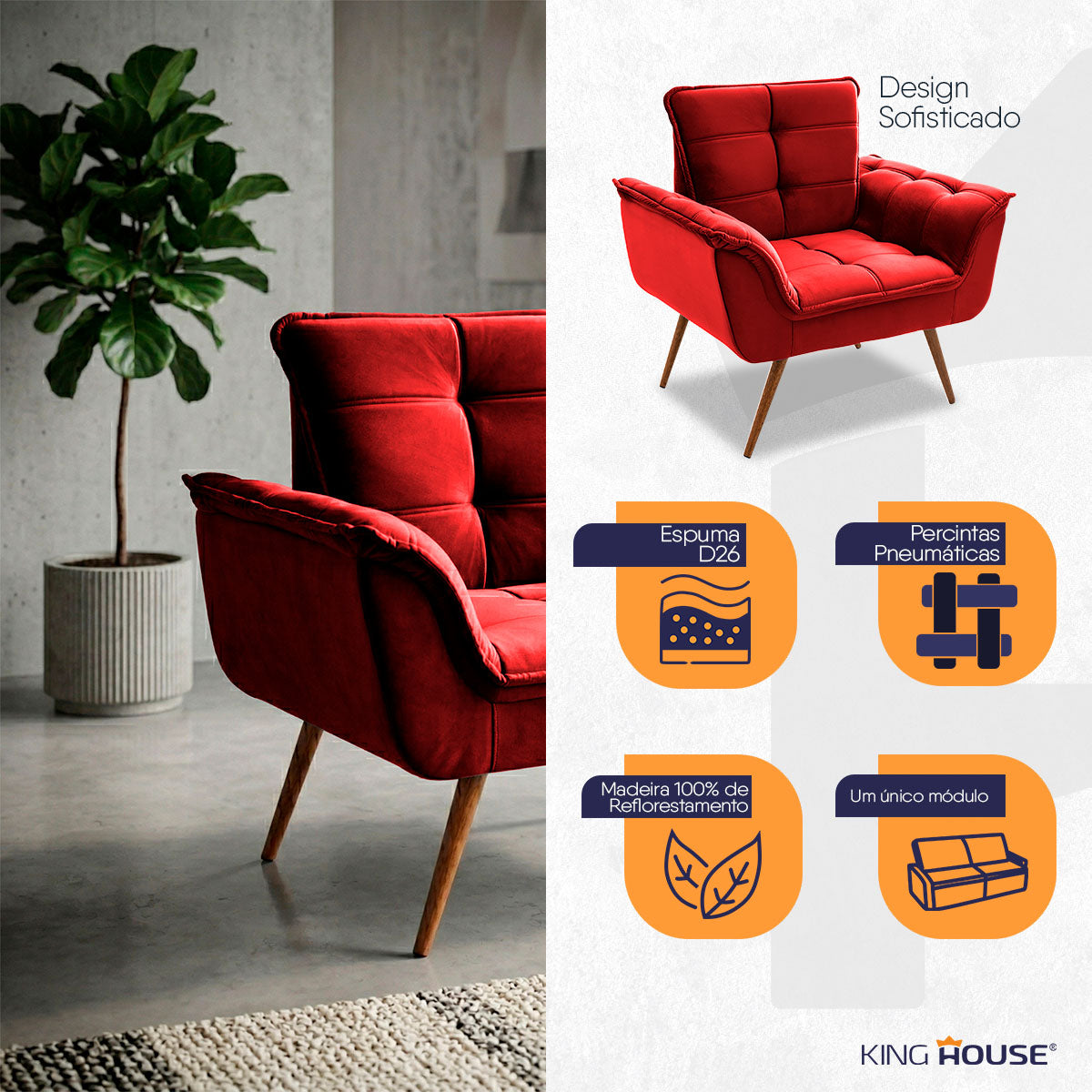 Poltrona Decorativa Duala Vermelho Pés Palito
