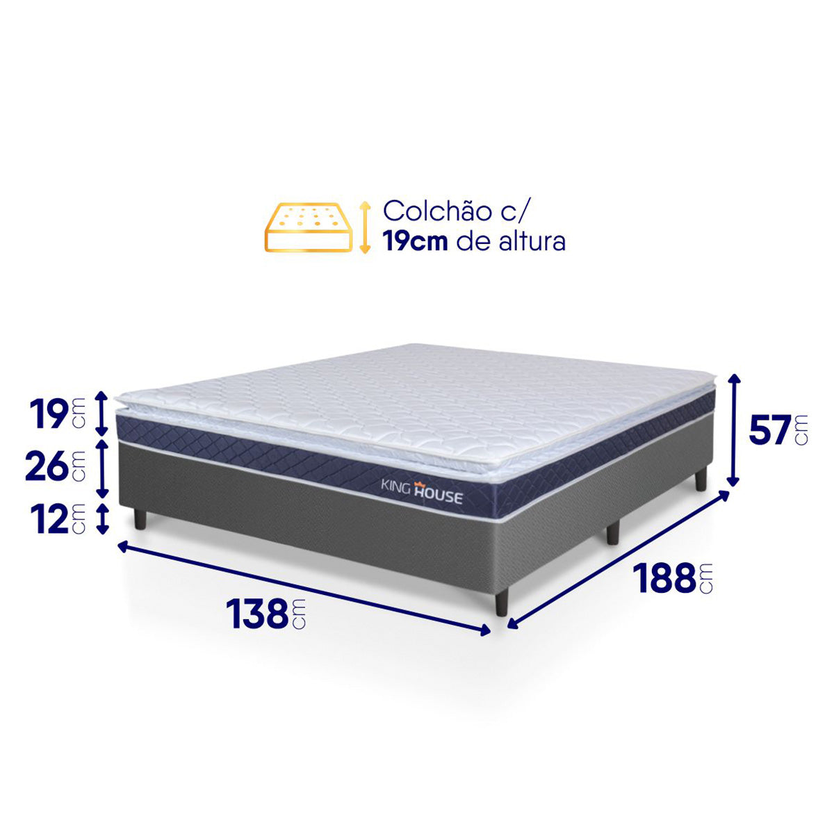 Cama Box Durban Espuma D28 Casal 138x188 Cinza King House