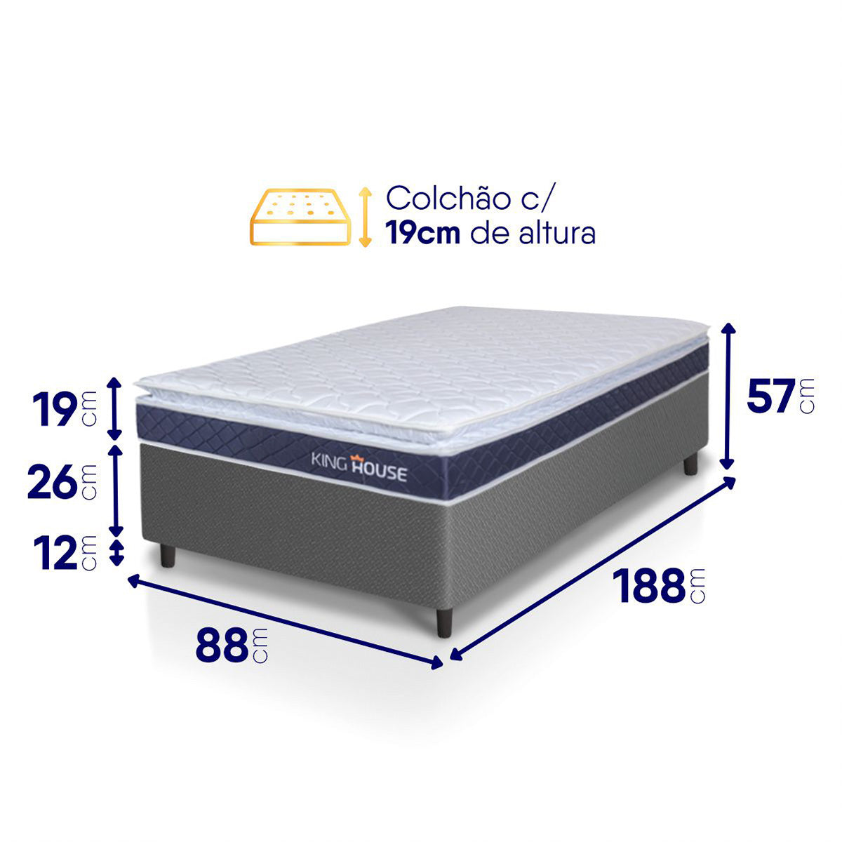 Cama Box Durban Espuma D28 Solteiro 88x188 Cinza King House