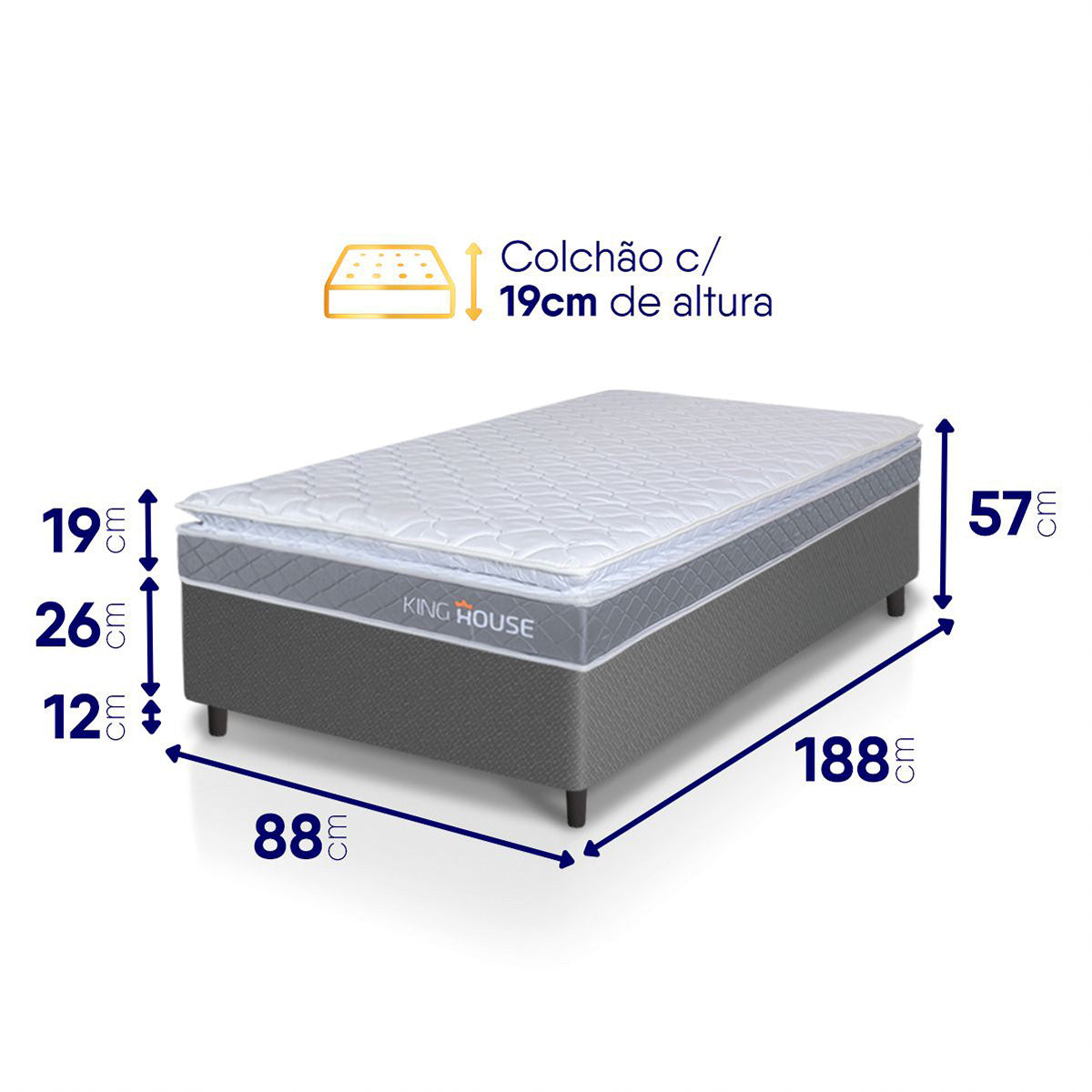 Cama Box Durban Espuma D28 Solteiro 88x188 Cinza King House