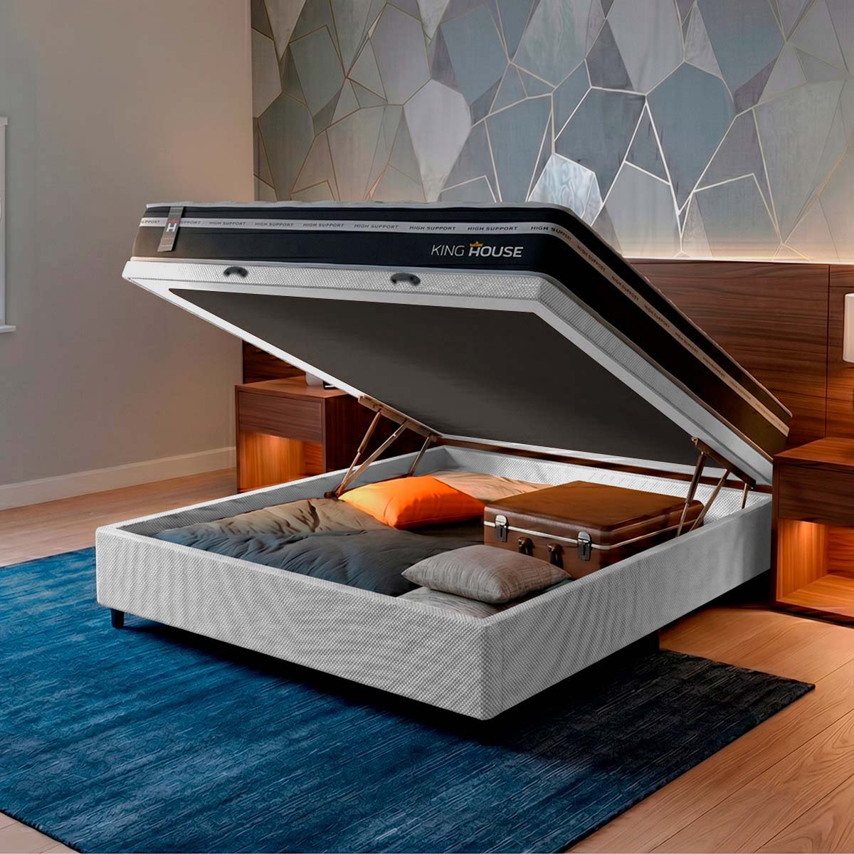 Cama Box Baú Durham 138x188 Preto e Branco c/ Molas Ensacadas Espuma D26 Suporta 110 kg