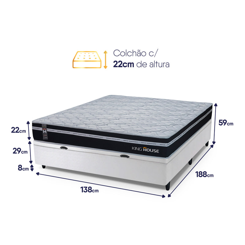 Cama Box Baú Durham 138x188 Preto e Branco c/ Molas Ensacadas Espuma D26 Suporta 110 kg