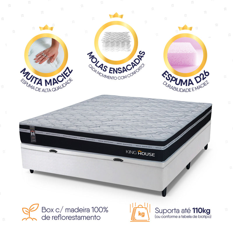 Cama Box Baú Durham 138x188 Preto e Branco c/ Molas Ensacadas Espuma D26 Suporta 110 kg