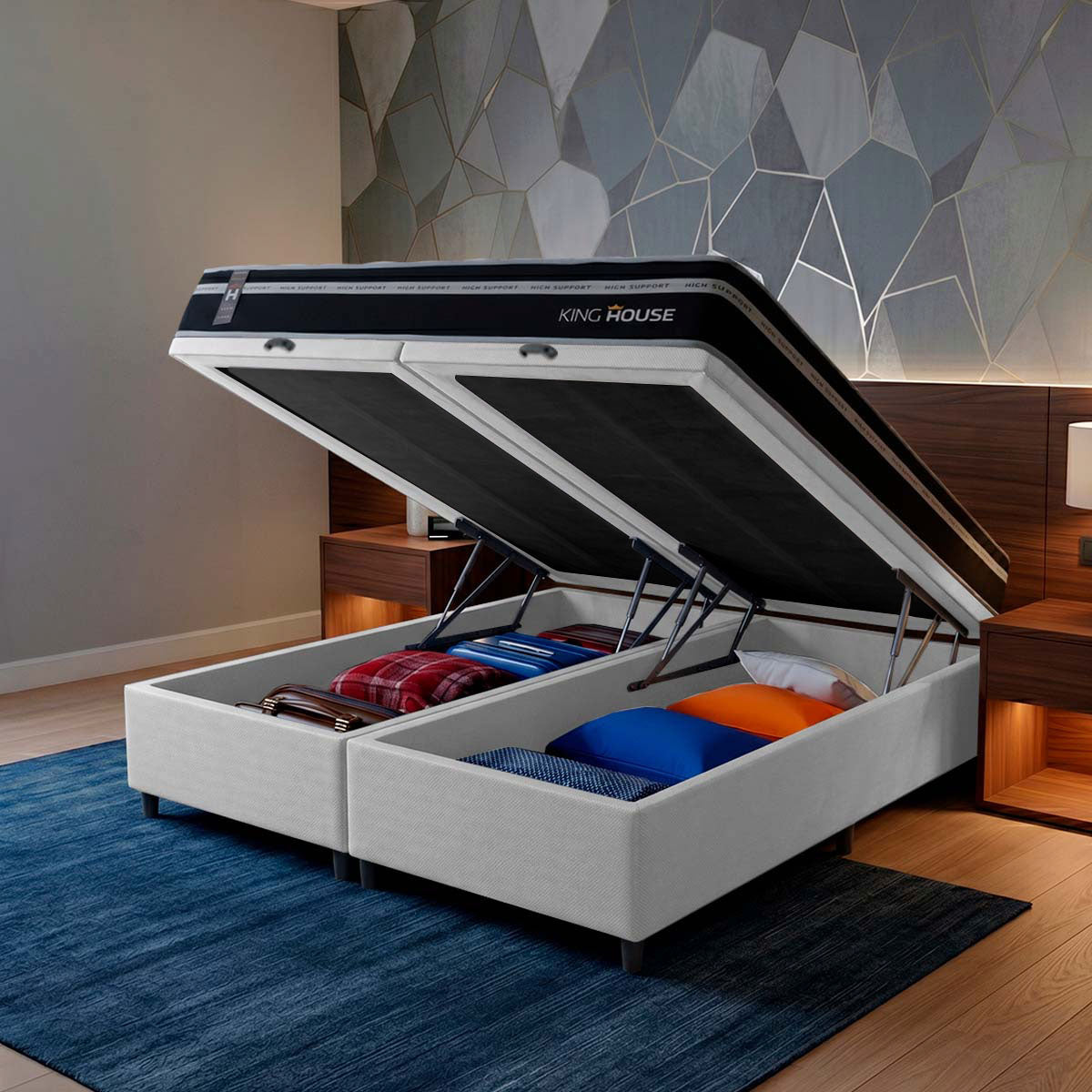 Cama Box Baú Durham c/ Molas Ensacadas 158x198 Preto e Branco Espuma D26 Suporta 110 kg