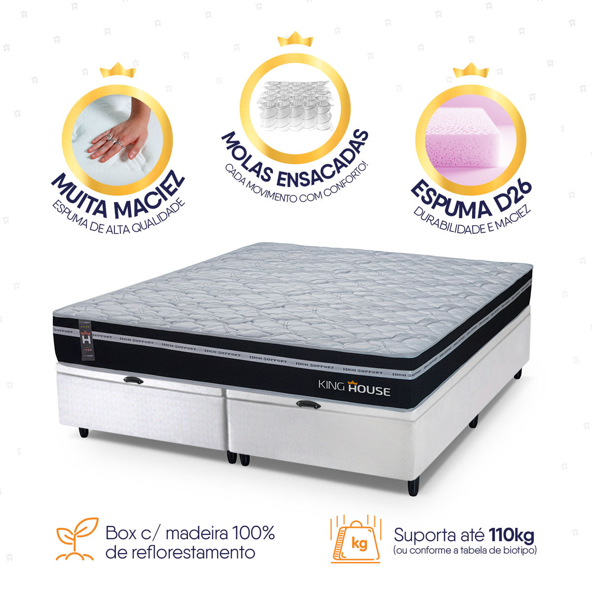 Cama Box Baú Durham c/ Molas Ensacadas 158x198 Preto e Branco Espuma D26 Suporta 110 kg