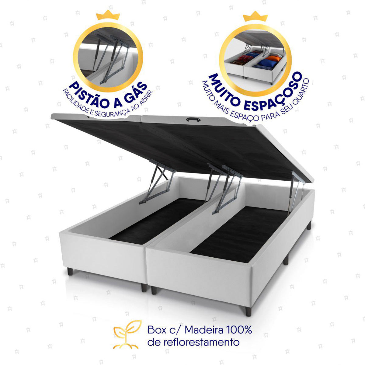 Cama Box Baú Durham c/ Molas Ensacadas 158x198 Preto e Branco Espuma D26 Suporta 110 kg