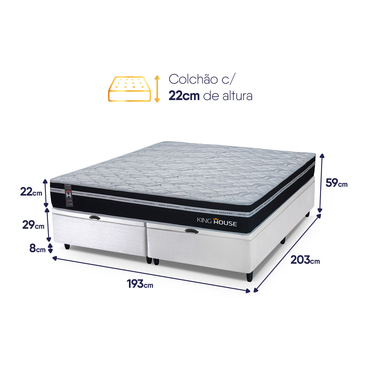 Cama Box Baú Durham c/ Molas Ensacadas 193x203 Preto e Branco Espuma D26 Suporta 110 kg