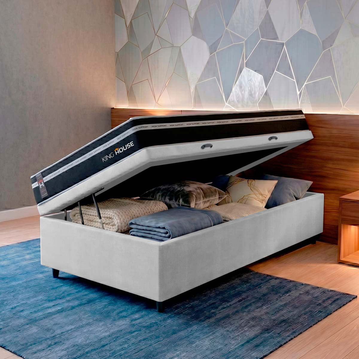 Cama Box Baú Durham 88x188 Preto e Branco c/ Molas Ensacadas Espuma D26 Suporta 110 kg