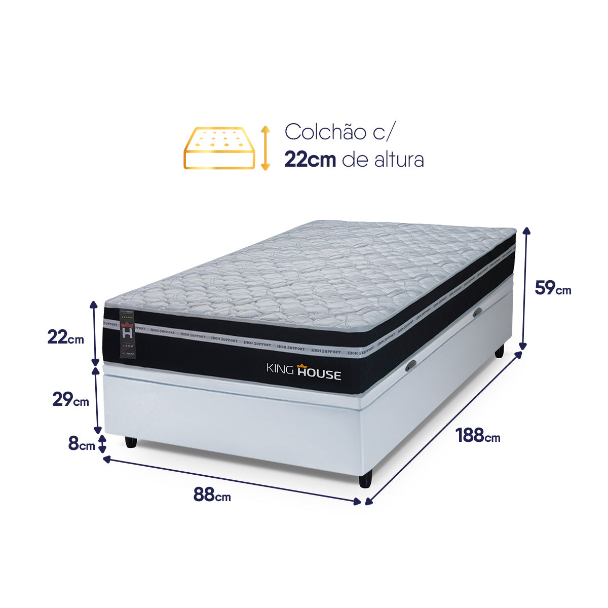 Cama Box Baú Durham 88x188 Preto e Branco c/ Molas Ensacadas Espuma D26 Suporta 110 kg