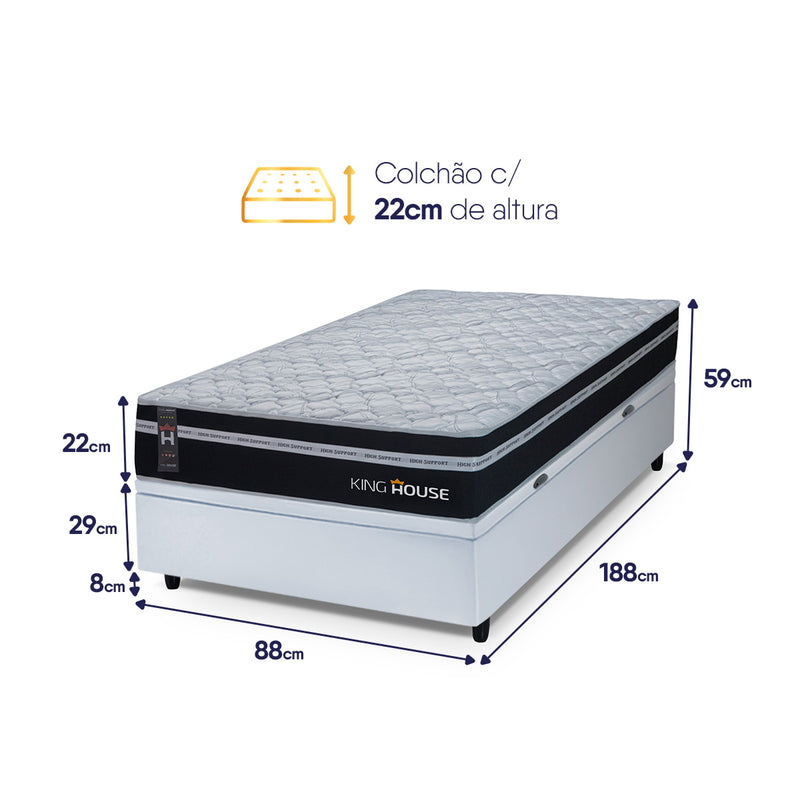Cama Box Baú Durham 88x188 Preto e Branco c/ Molas Ensacadas Espuma D26 Suporta 110 kg