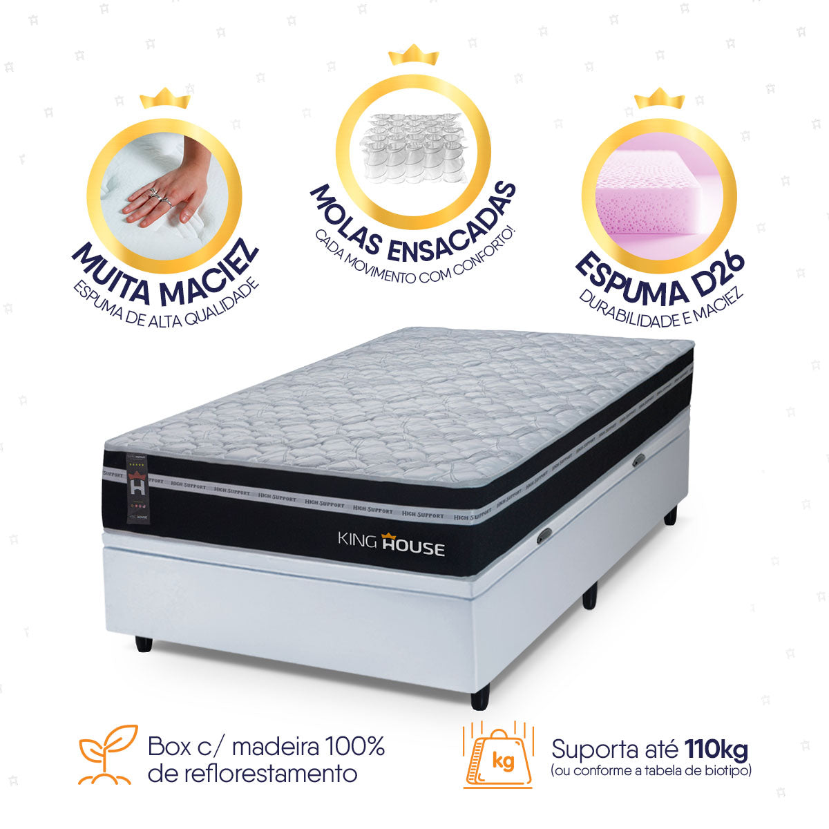 Cama Box Baú Durham 96x203 Preto e Branco c/ Molas Ensacadas Espuma D26 Suporta 110 kg