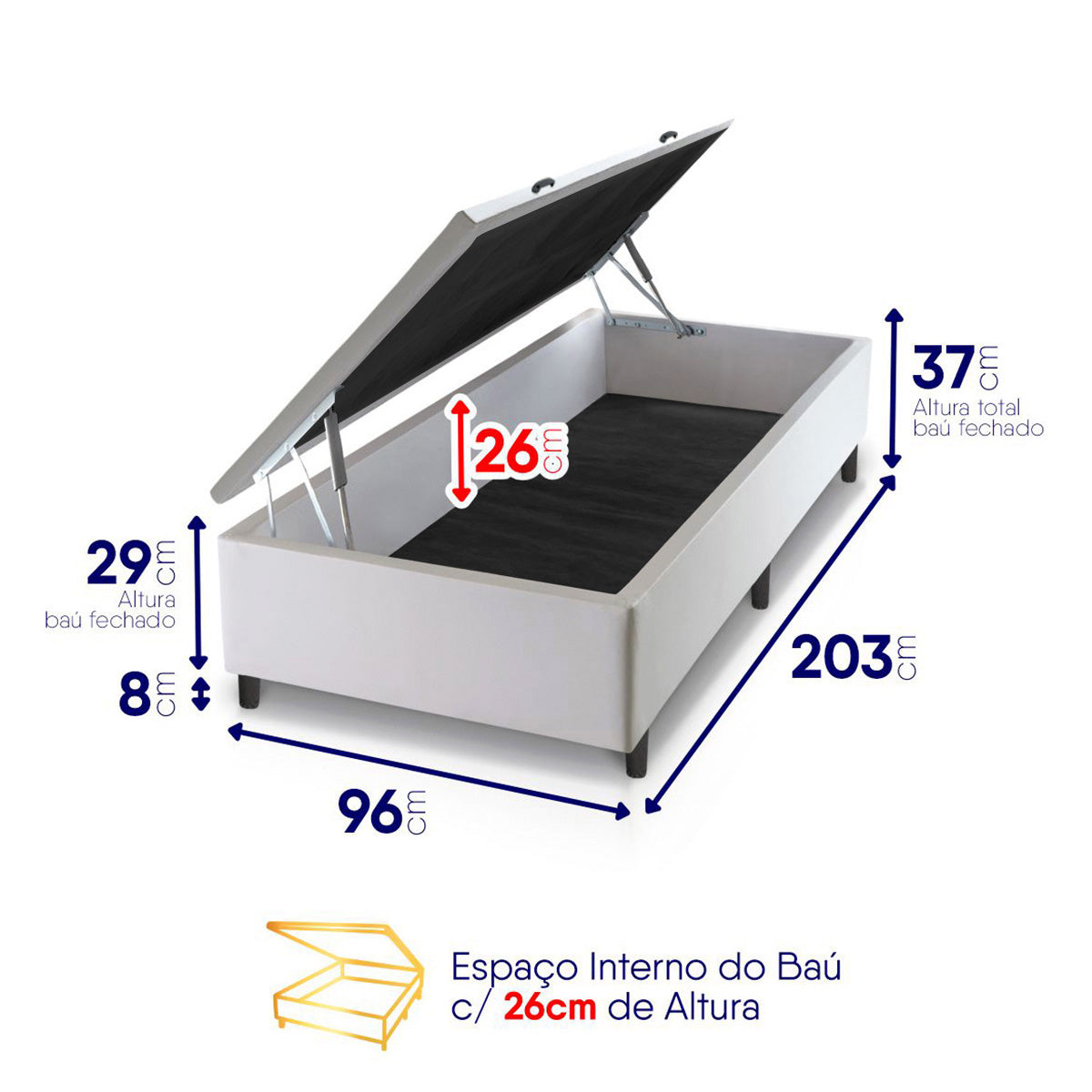 Cama Box Baú Durham 96x203 Preto e Branco c/ Molas Ensacadas Espuma D26 Suporta 110 kg