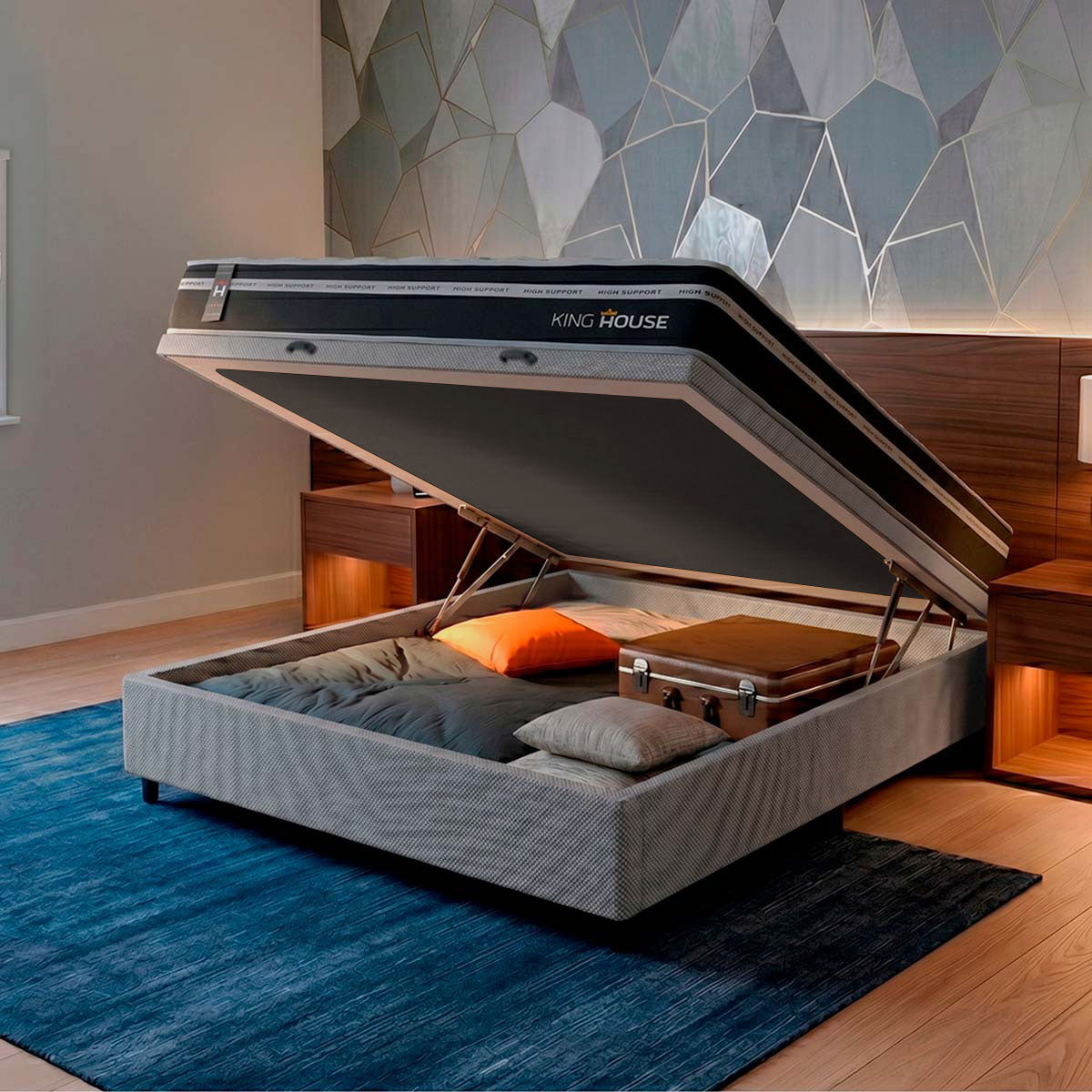 Cama Box Baú Durham 138x188 Preto e Cinza c/ Molas Ensacadas Espuma D26 Suporta 110 kg