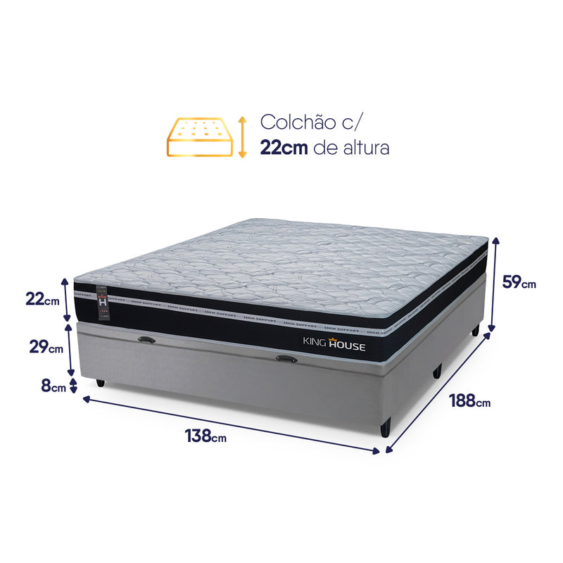 Cama Box Baú Durham 138x188 Preto e Cinza c/ Molas Ensacadas Espuma D26 Suporta 110 kg