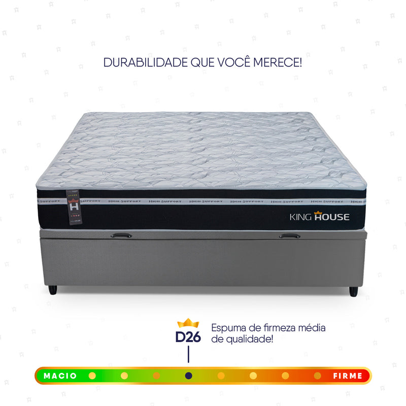 Cama Box Baú Durham 138x188 Preto e Cinza c/ Molas Ensacadas Espuma D26 Suporta 110 kg