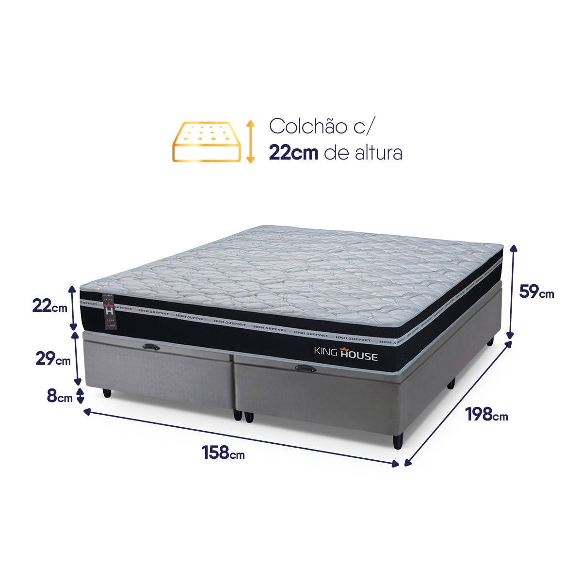 Cama Box Baú Durham c/ Molas Ensacadas 158x198 Preto e Cinza Espuma D26 Suporta 110 kg