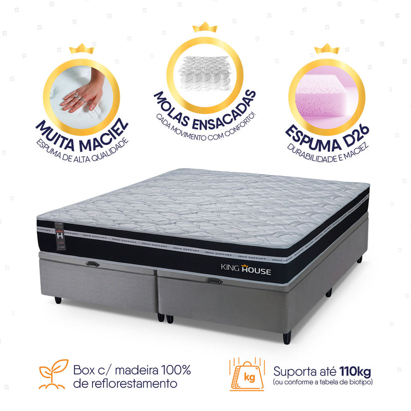 Cama Box Baú Durham c/ Molas Ensacadas 158x198 Preto e Cinza Espuma D26 Suporta 110 kg
