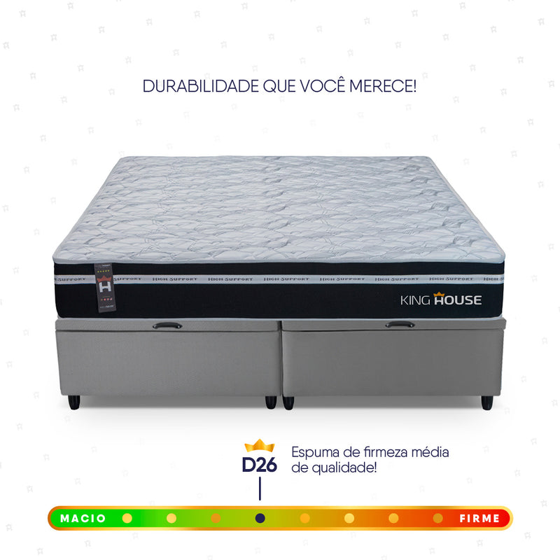 Cama Box Baú Durham c/ Molas Ensacadas 158x198 Preto e Cinza Espuma D26 Suporta 110 kg
