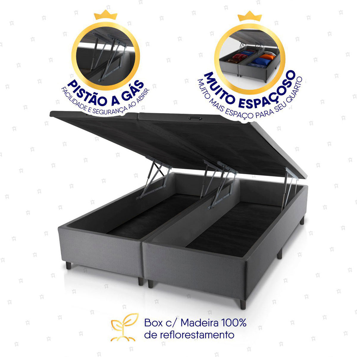 Cama Box Baú Durham c/ Molas Ensacadas 158x198 Preto e Cinza Espuma D26 Suporta 110 kg