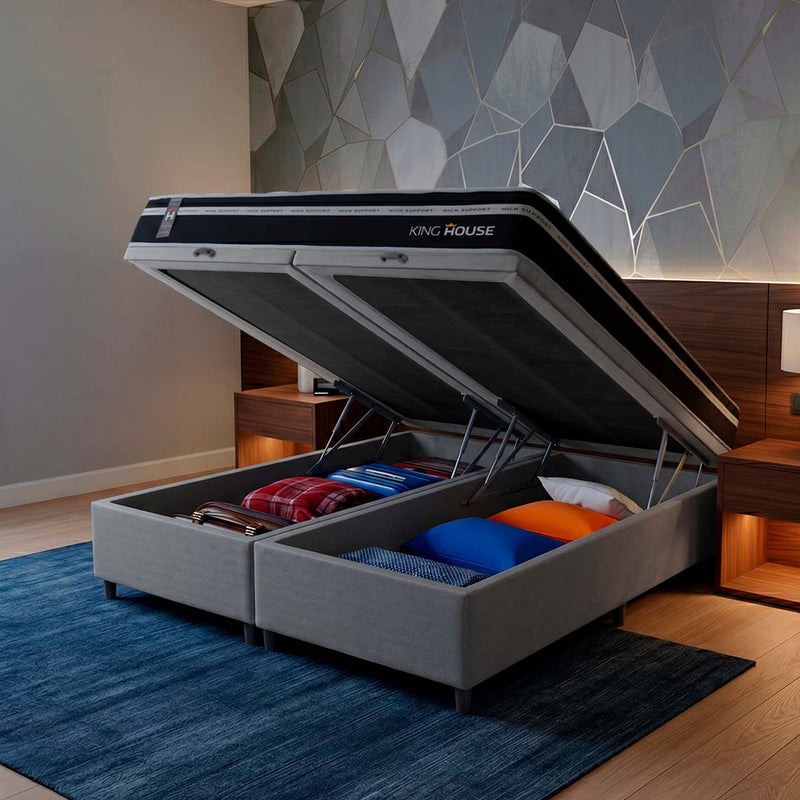 Cama Box Baú Durham c/ Molas Ensacadas 193x203 Preto e Cinza Espuma D26 Suporta 110 kg