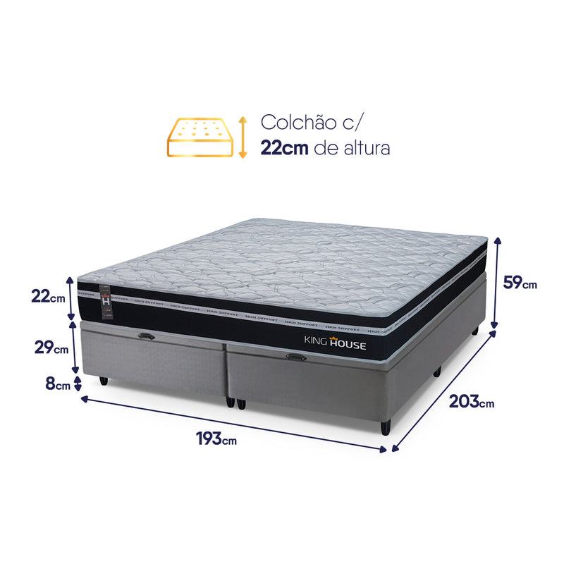 Cama Box Baú Durham c/ Molas Ensacadas 193x203 Preto e Cinza Espuma D26 Suporta 110 kg