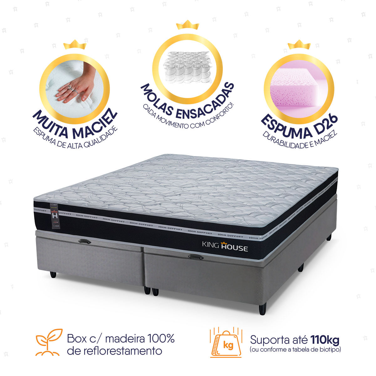 Cama Box Baú Durham c/ Molas Ensacadas 193x203 Preto e Cinza Espuma D26 Suporta 110 kg