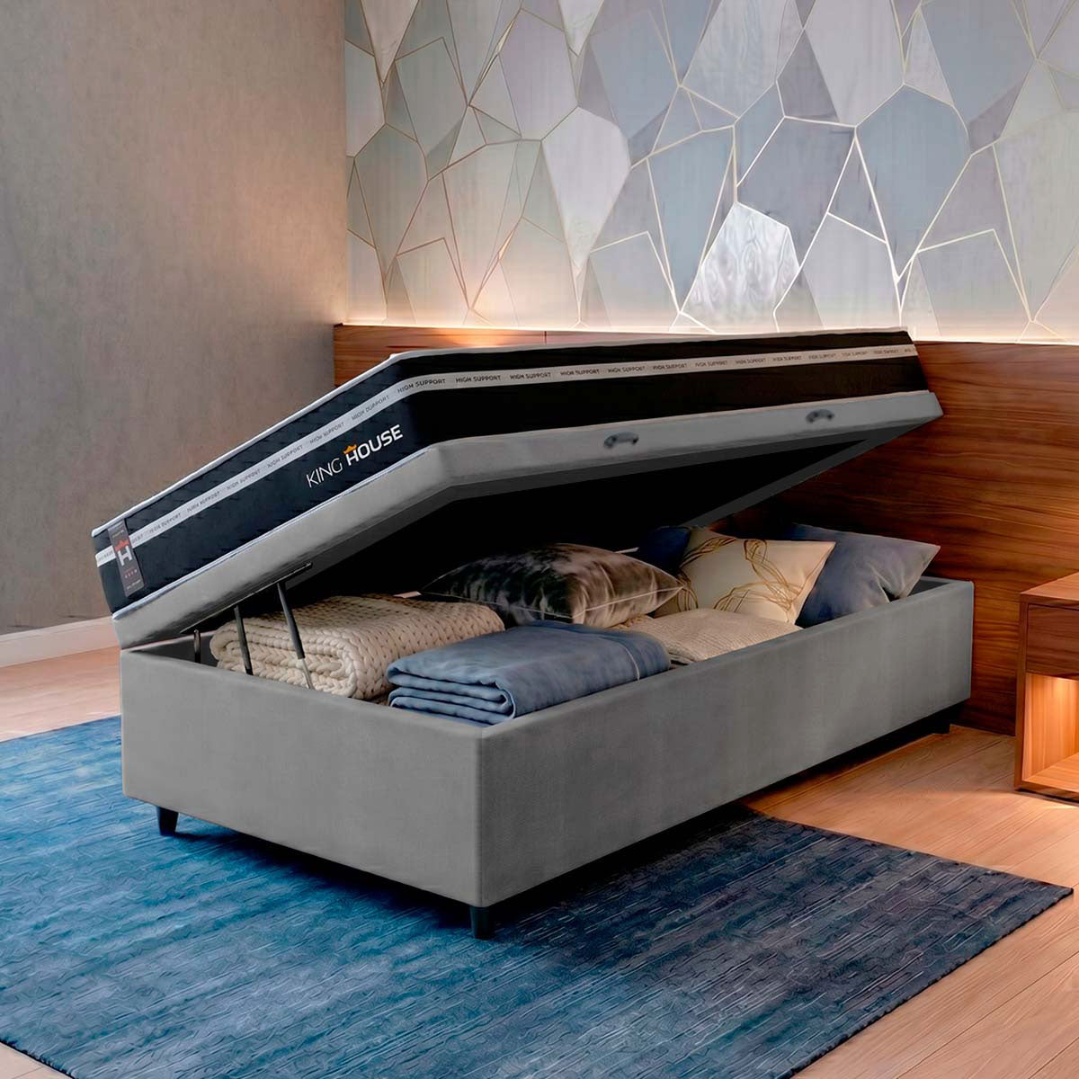 Cama Box Baú Durham 88x188 Preto e Cinza c/ Molas Ensacadas Espuma D26 Suporta 110 kg