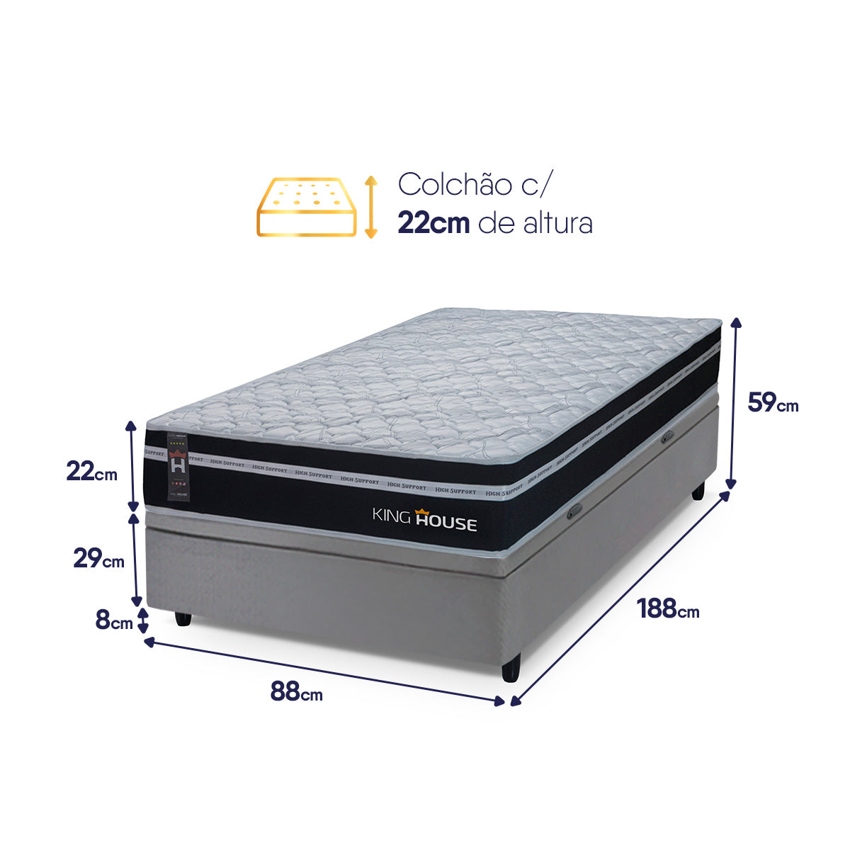 Cama Box Baú Durham 88x188 Preto e Cinza c/ Molas Ensacadas Espuma D26 Suporta 110 kg