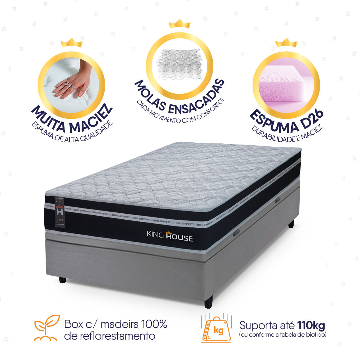 Cama Box Baú Durham 88x188 Preto e Cinza c/ Molas Ensacadas Espuma D26 Suporta 110 kg