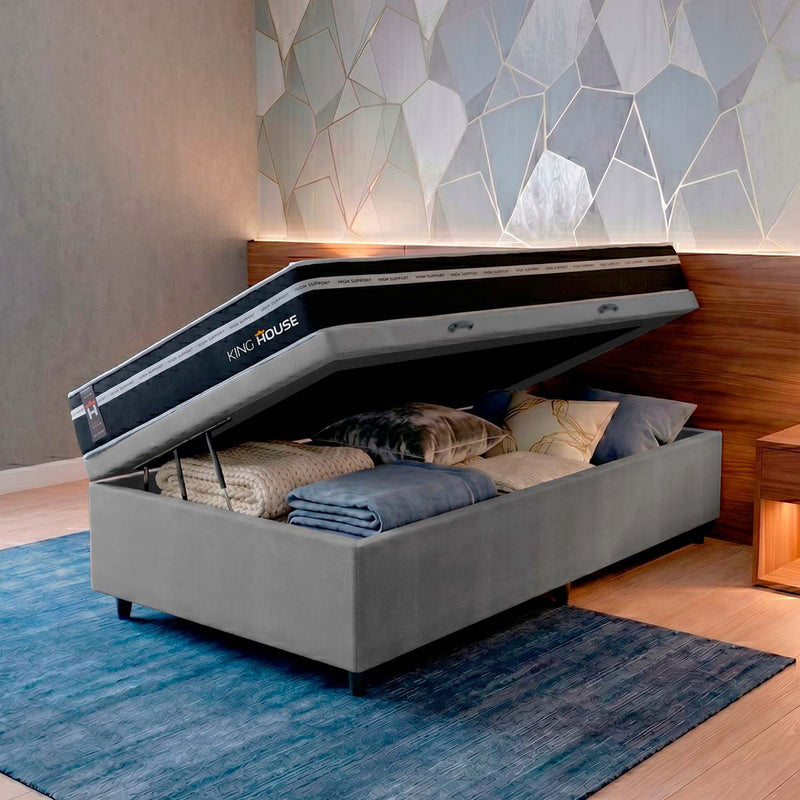 Cama Box Baú Durham 96x203 Preto e Cinza c/ Molas Ensacadas Espuma D26 Suporta 110 kg