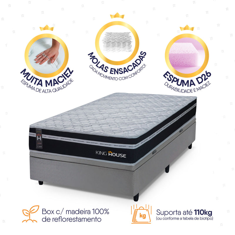Cama Box Baú Durham 96x203 Preto e Cinza c/ Molas Ensacadas Espuma D26 Suporta 110 kg