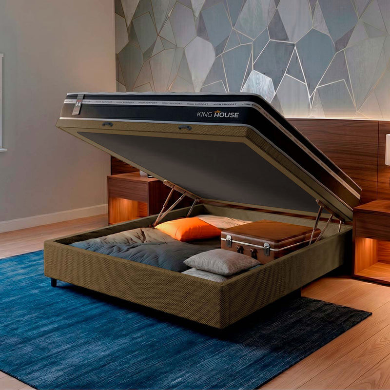 Cama Box Baú Durham 138x188 Preto e Marrom c/ Molas Ensacadas Espuma D26 Suporta 110 kg