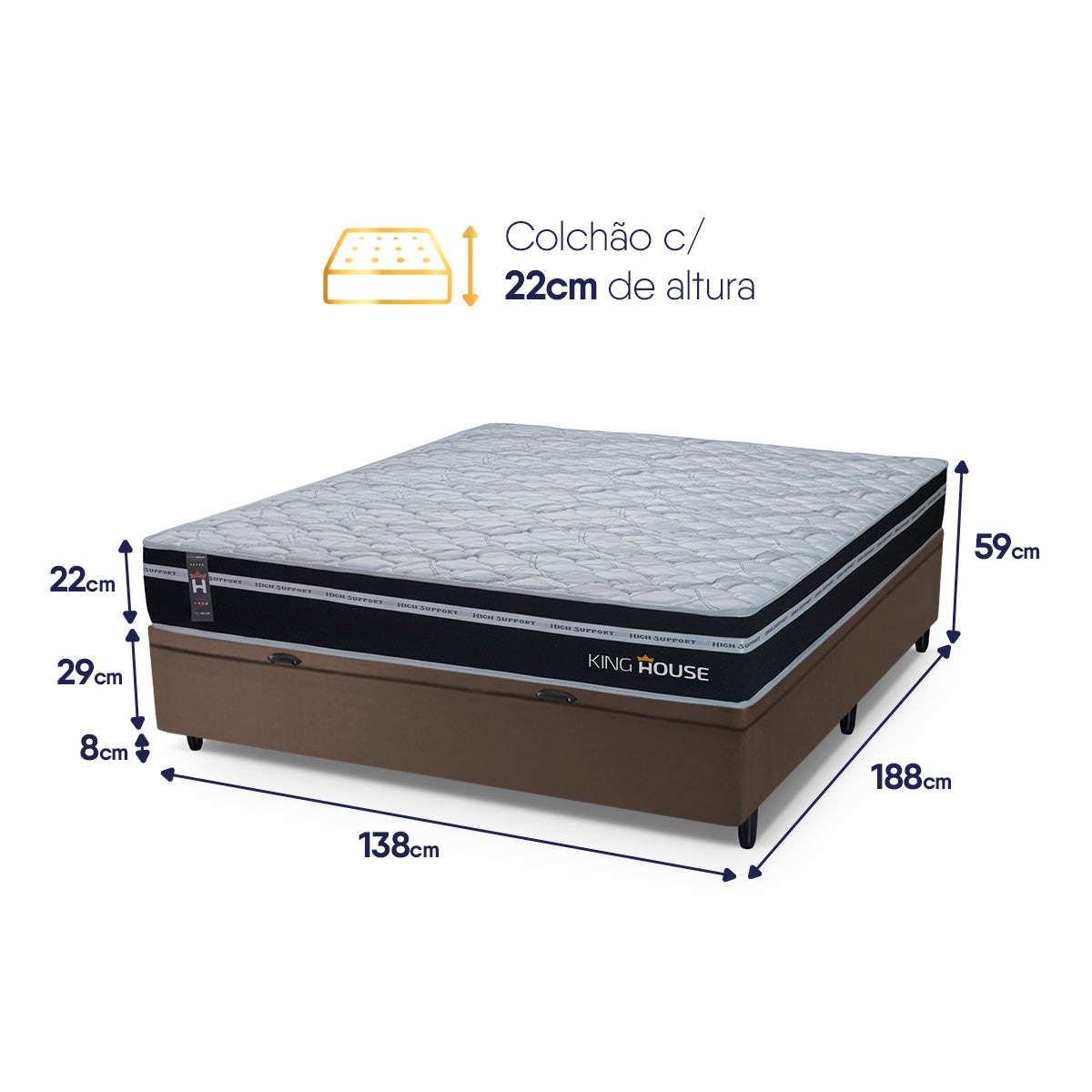 Cama Box Baú Durham 138x188 Preto e Marrom c/ Molas Ensacadas Espuma D26 Suporta 110 kg