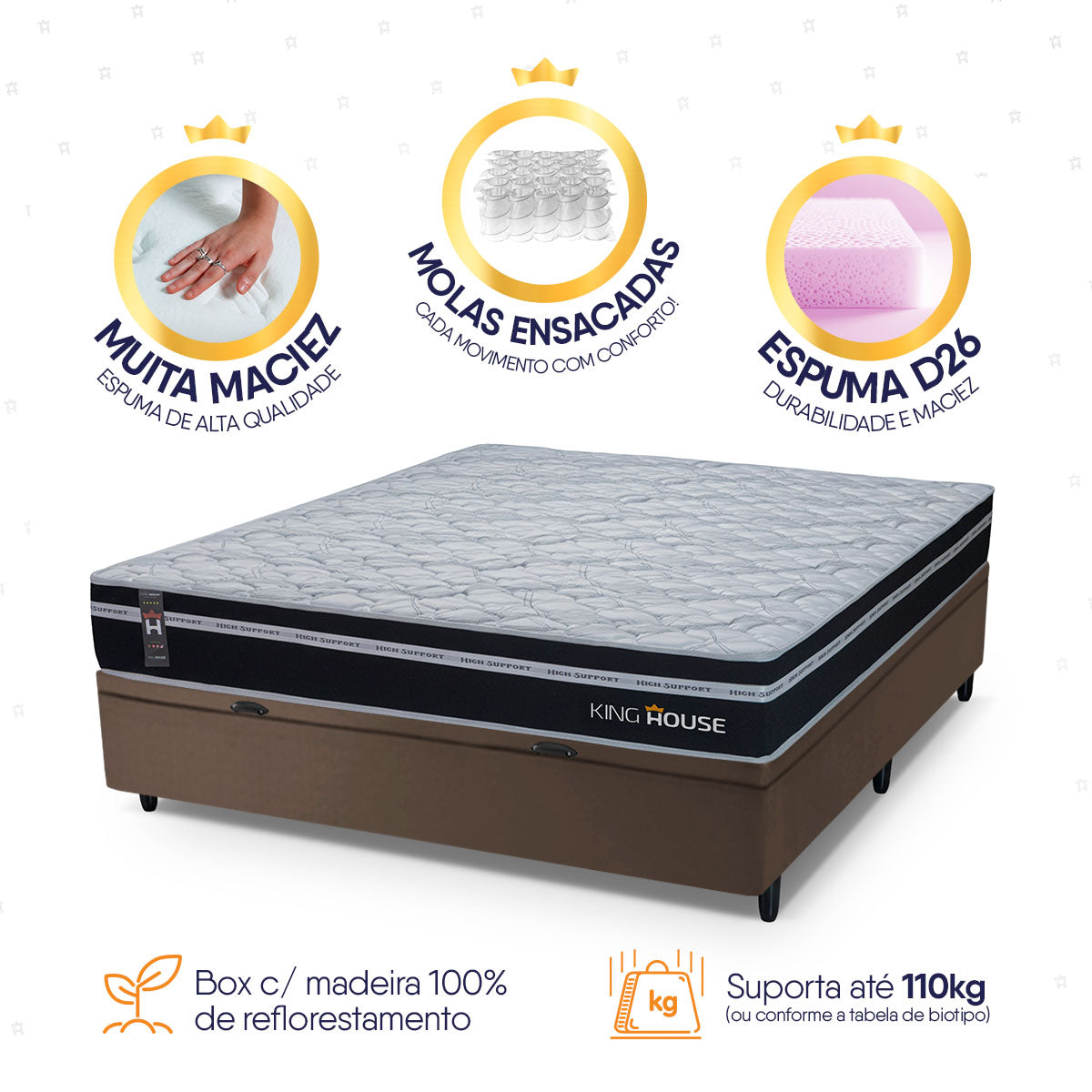Cama Box Baú Durham 138x188 Preto e Marrom c/ Molas Ensacadas Espuma D26 Suporta 110 kg
