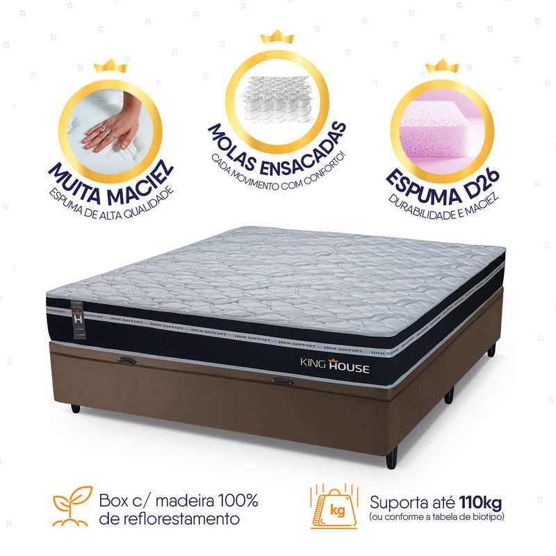Cama Box Baú Durham 138x188 Preto e Marrom c/ Molas Ensacadas Espuma D26 Suporta 110 kg