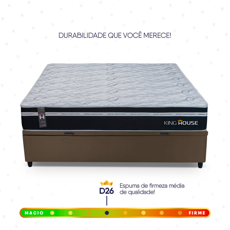 Cama Box Baú Durham 138x188 Preto e Marrom c/ Molas Ensacadas Espuma D26 Suporta 110 kg