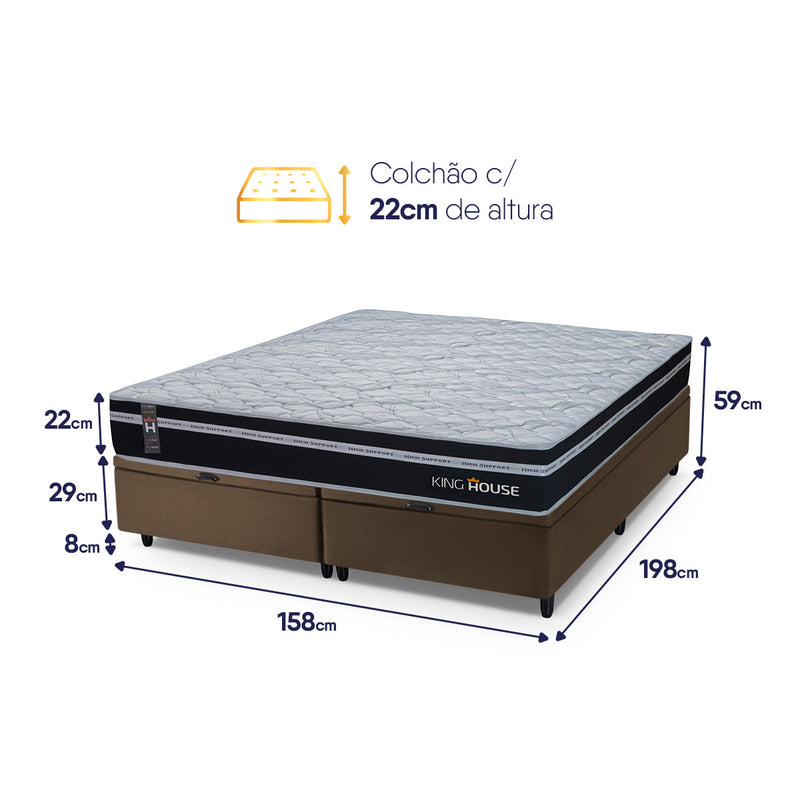 Cama Box Baú Durham c/ Molas Ensacadas 158x198 Preto e Marrom Espuma D26 Suporta 110 kg